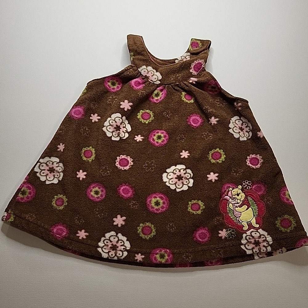 DISNEY Girls Embroidered Winnie The Pooh Fleece‎ Dress Brown Floral Size 3-6mo